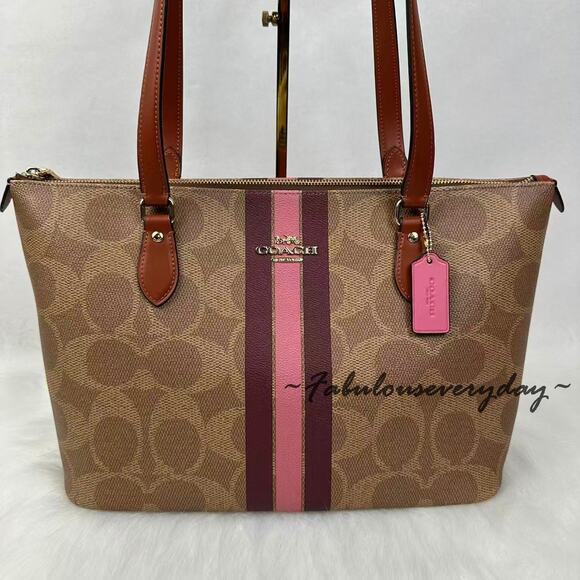 Coach Gallery Tote Bag In Signature Canvas W/ Stripe Print CBM18 Gold/Tan Multi - Picture 2 of 13